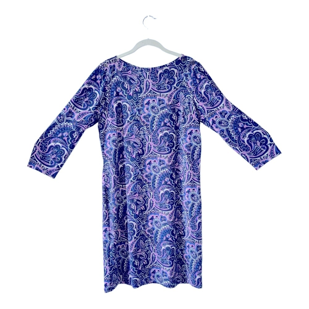 Talbots Jersey Shift Dress Large Blue Purple Paisley Nwot Buttons 3/4 Sleeve